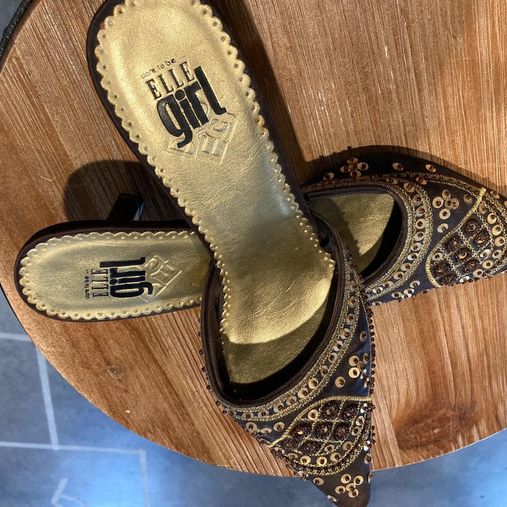 Elle girl. Beautiful velvety, beaded 3in kitten heels. Worn a few times.
